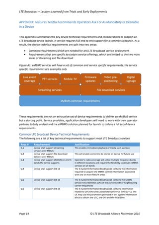 LTE Broadcast – Lessons Learned from Trials and Early Deployments
Page 14 © LTE Broadcast Alliance November 2016
APPENDIX: Features Telstra Recommends Operators Ask For As Mandatory or Desirable
in a Device
This appendix summarises the key device technical requirements and considerations to support an
LTE Broadcast device launch. A service requires full end to end support for a commercial launch. As a
result, the device technical requirements are split into two areas:
 Common requirements which are needed for any LTE Broadcast service deployment
 Requirements that are specific to certain service offerings, which are limited to the two main
areas of streaming and file download
Figure A1: eMBMS services will have a set of common and service specific requirements, the service
specific requirements are examples only
These requirements are not an exhaustive set of device requirements to deliver an eMBMS service
but a starting point. Service providers, application developers will need to work with their operator
partners to fully understand the eMBMS solution planned for launch to collate a full set of device
requirements.
Common LTE Broadcast Device Technical Requirements
The following are a list of key technical requirements to support most LTE Broadcast services
Reqt # Requirement Justification
C.1 Device shall support streaming
services over MBMS
This enables immediate playback of media such as video
C.2 Device shall support file download
delivery over MBMS
This will enable content to be stored on device for future use
C.3 Device shall support eMBMS on all LTE
bands the device supports
Operator’s radio coverage will utilise multiple frequency bands
in different locations and require the flexibility to deliver eMBMS
services on all bands
C.4 Device shall support SIB 13 The IE SystemInformationBlockType13 contains the information
required to acquire the MBMS control information associated
with one or more MBSFN areas
C.5 Device shall support SIB 15 The IE SystemInformationBlockType15 contains the MBMS
Service Area Identities (SAI) of the current and/ or neighbouring
carrier frequencies
C.6 Device shall support SIB 16 The IE SystemInformationBlockType16 contains information
related to GPS time and Coordinated Universal Time (UTC). The
UE may use the parameters provided in this system information
block to obtain the UTC, the GPS and the local time
 