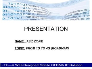 PRESENTATION NAME :  AZIZ ZOAIB TOPIC:   FROM 1G TO 4G (ROADMAP) 