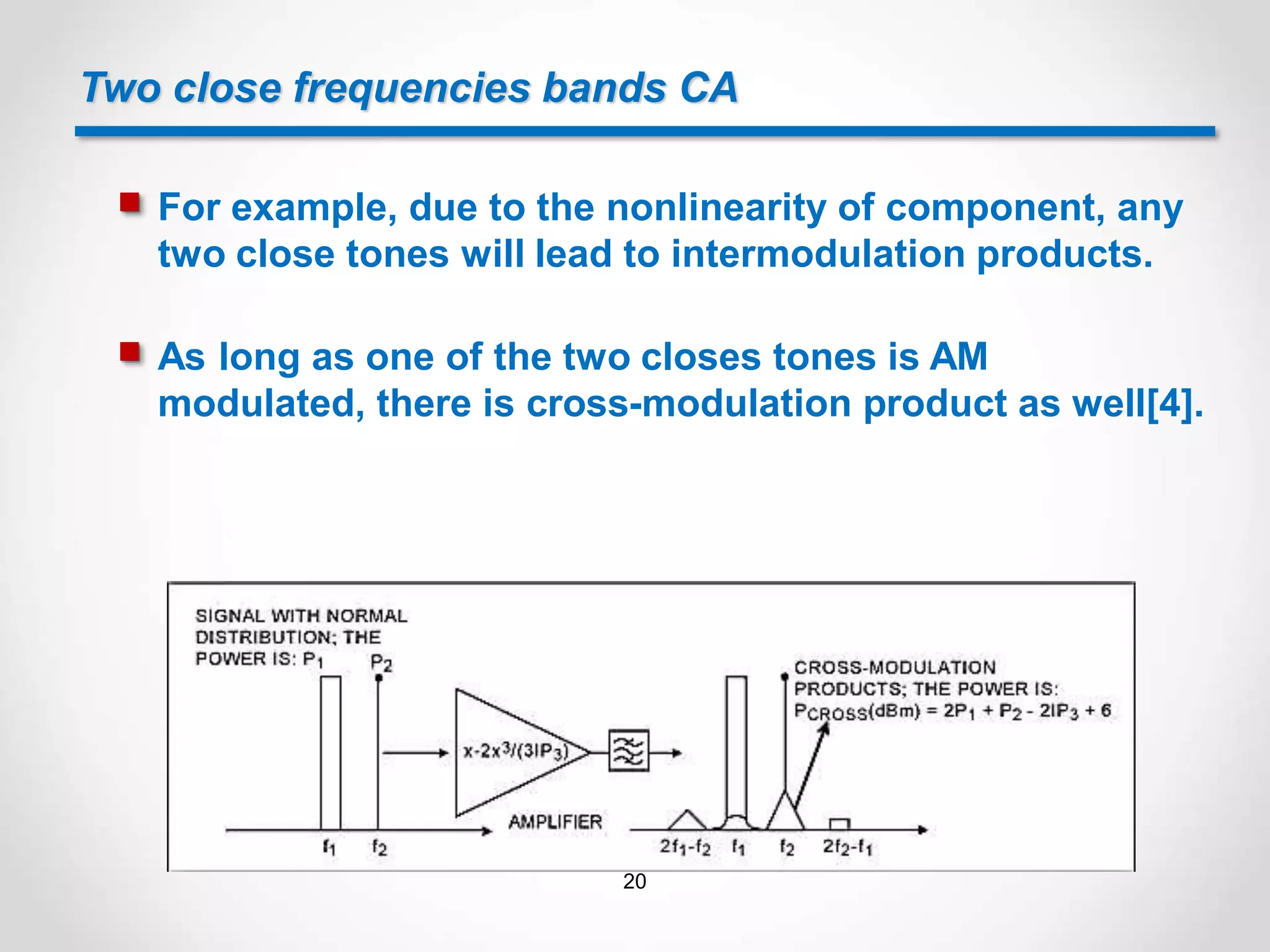 Two close frequencies bands CA
 For example, due to the nonlinearity of component, any
two close tones will lead to intermodulation products.
 As long as one of the two closes tones is AM
modulated, there is cross-modulation product as well[4].
20
 