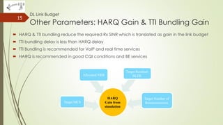  HARQ & TTI bundling reduce the required Rx SINR which is translated as gain in the link budget
 TTI bundling delay is less than HARQ delay
 TTI Bundling is recommended for VoIP and real time services
 HARQ is recommended in good CQI conditions and BE services
15
HARQ
Gain from
simulation
Target MCS
Target Residual
BLERAllocated NRB
Target Number of
Retransmissions
DL Link Budget
Other Parameters: HARQ Gain & TTI Bundling Gain
 