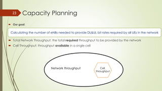 Capacity Planning
 Our goal:
 Total Network Throughput: the total required throughput to be provided by the network
 Cell Throughput: throughput available in a single cell
23
Network throughput Cell
throughput
Calculating the number of eNBs needed to provide DL&UL bit rates required by all UEs in the network
 