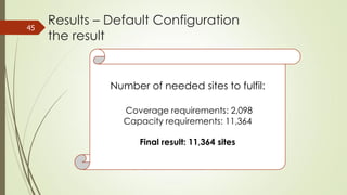 45
Results – Default Configuration
the result
Number of needed sites to fulfil:
Coverage requirements: 2,098
Capacity requirements: 11,364
Final result: 11,364 sites
 