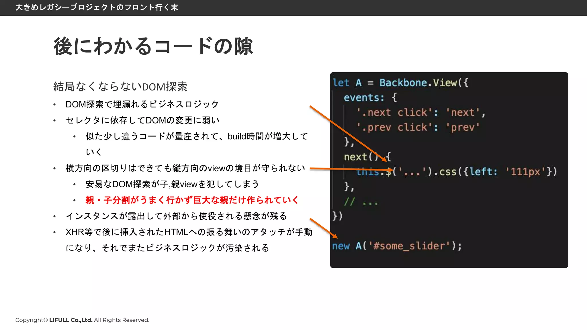 Copyright© LIFULL Co.,Ltd. All Rights Reserved.
大きめレガシープロジェクトのフロント行く末
結局なくならないDOM探索
• DOM探索で埋漏れるビジネスロジック
• セレクタに依存してDOMの変更に弱い
• 似た少し違うコードが量産されて、build時間が増大して
いく
• 横方向の区切りはできても縦方向のviewの境目が守られない
• 安易なDOM探索が子,親viewを犯してしまう
• 親・子分割がうまく行かず巨大な親だけ作られていく
• インスタンスが露出して外部から使役される懸念が残る
• XHR等で後に挿入されたHTMLへの振る舞いのアタッチが手動
になり、それでまたビジネスロジックが汚染される
後にわかるコードの隙
 