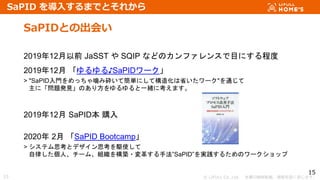 ? LIFULL Co.,Ltd. Οoܞd}ṳޤ
15
SaPIDȤγᤤ
15
201912ǰ JaSST  SQIP ʤɤΥե󥹤Ŀˤ̶
201912 ?SaPID`
> "SaPIDTäy߳ZƺgˤƘ컯ʡ`"ͨ
ˡ}kҊΤ귽һw˿ޤ
201912 SaPID ُ
2020 2 SaPID Bootcamp
> ƥ˼ȥǥ˼lʹ
ɤˡ`ࡢM򘋺B?魯ַSaPIDg뤿Υ`å
SaPID 뤹ޤǤȤ줫
 