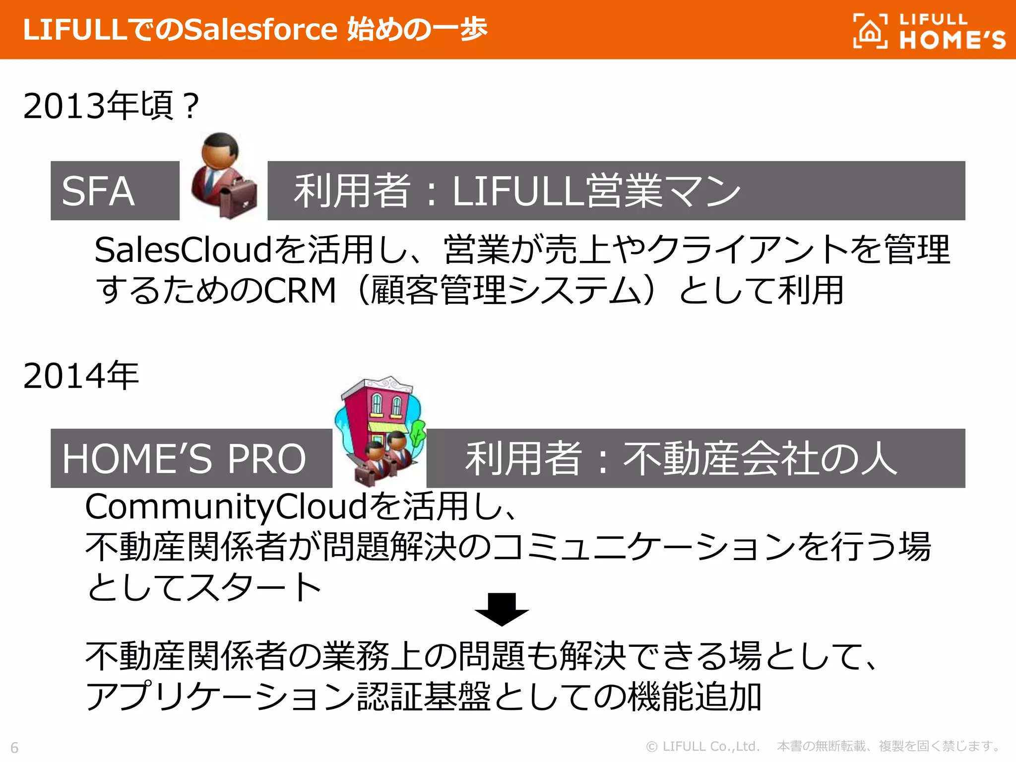 © LIFULL Co.,Ltd. 本書の無断転載、複製を固く禁じます。6
LIFULLでのSalesforce 始めの一歩
HOME’S PRO 利用者：不動産会社の人
CommunityCloudを活用し、
不動産関係者が問題解決のコミュニケーションを行う場
としてスタート
不動産関係者の業務上の問題も解決できる場として、
アプリケーション認証基盤としての機能追加
SFA 利用者：LIFULL営業マン
SalesCloudを活用し、営業が売上やクライアントを管理
するためのCRM（顧客管理システム）として利用
2013年頃？
2014年
 