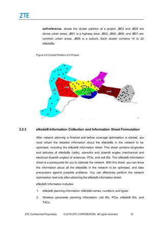 ZTE Confidential Proprietary © 2016 ZTE CORPORATION. All rights reserved. 10
self-reference. shows the cluster partition of a project. JB03 and JB04 are
dense urban areas. JB01 is a highway area. JB02, JB05, JB06, and JB07 are
common urban areas. JB08 is a suburb. Each cluster contains 18 to 22
eNodeBs.
Figure 3-2 Cluster Partition of a Project
3.2.3 eNodeB Information Collection and Information Sheet Formulation
After network planning is finished and before coverage optimization is started, you
must obtain the detailed information about the eNodeBs in the network to be
optimized, including the eNodeB information sheet. This sheet contains longitudes
and latitudes of eNodeBs (cells), azimuths and downtilt angles (mechanical and
electrical downtilt angles) of antennas, PCIs, and cell IDs. The eNodeB information
sheet is a prerequisite for you to optimize the network. With this sheet, you can know
the information about all the eNodeBs in the network to be optimized, and take
precautions against possible problems. You can effectively perform the network
optimization test only after obtaining the eNodeB information sheet.
eNodeB information includes:
1. eNodeB planning information: eNodeB names, numbers, and types.
2. Wireless parameter planning information: cell IDs, PCIs, eNodeB IDs, and
TACs.
 