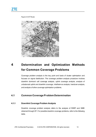 ZTE Confidential Proprietary © 2016 ZTE CORPORATION. All rights reserved. 14
Figure 3-3 DT Route
4 Determination and Optimization Methods
for Common Coverage Problems
Coverage problem analysis is the key point and basis of cluster optimization and
focuses on signal distribution. The coverage problem analysis procedure involves
downlink dominant cell coverage analysis, uplink coverage analysis, analysis of
unbalanced uplink and downlink coverage, interference analysis, handover analysis,
and analysis of other coverage optimization problems.
4.1 Common Coverage Problem Determination
4.1.1 Downlink Coverage Problem Analysis
Downlink coverage problem analysis refers to the analysis of RSRP and SINR
obtained through DT. For possible downlink coverage problems, refer to the following
table.
 