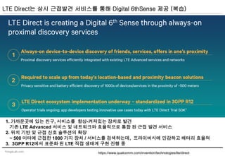 YongsLab.com
LTE Direct는 상시 근접발견 서비스를 통해 Digital 6thSense 제공 (복습)
https://www.qualcomm.com/invention/technologies/lte/direct
1. 가까운곳에 있는 친구, 서비스를 항상-켜져있는 장치로 발견
기존 LTE Advanced 서비스 및 네트워크와 효율적으로 통합 된 근접 발견 서비스
2. 위치 기반 및 근접 신호 솔루션의 확장
~ 500 미터에 근접한 1000 가지 장치 / 서비스를 검색하는데, 프라이버시에 민감하고 배터리 효율적
3. 3GPP R12에서 표준화 된 LTE 직접 생태계 구현 진행 중
 
