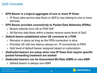 QoSConcepts 
•EPS Bearer is a logical aggregate of one or more IP flows 
¾IP flows (akaservice data flows or SDFs) may belong to one or more services 
•EPS Bearer provides connectivity to Packet Data Networks (PDNs) 
¾Bearer extends from UE to PDN GW 
¾All Service data flows within a bearer receive same level of QoS 
•Default bearerestablished when UE connects to a PDN 
¾Remains in place as long as the PDN connection is alive 
¾Provides UE with low latency always-on IP connectivity to PDN 
¾QoSlevel of default bearer assigned based on subscription 
•Dedicated bearers are setup when new IP flows that require specific packet forwarding treatment are started 
•Dedicated bearers can be Guaranteed Bit Rate (GBR) or non-GBR 
¾Default bearer is always non-GBR 
Motorola General Business 
Srini Rao LTE EPC IEEE ComSoC Boston April 8, 2010 18 
 