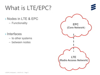 LTE/EPC Introduction | 2015-01-21 | Page 5
What is LTE/EPC?
› Nodes in LTE & EPC
– Functionality
› Interfaces
– to other systems
– between nodes
EPC
(Core Network)
LTE
(Radio Access Network)
 