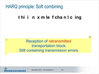HARQ principle: Soft combining

      l hi i n x m le f cha n l c ing




             Reception of retransmitted
                transportation block.
       Still containing transmission errors



              November 2012 | LTE Introduction |   101
 