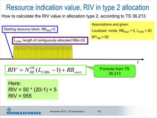 Resource indication value, RIV in type 2 allocation
How to calculate the RIV value in allocation type 2, according to TS 36.213
                                                                    Assumptions and given:
 Starting resource block: RBStart=5                                 Localized mode, RBStart = 5, LCRB = 20
                                                                    NDLRB = 50
       LCRB, length of contiguously allocated RBs=20




                                                                                                 f

   RIV  N        DL
                  RB   ( LCRBs  1)  RBstart                            Formula from TS
                                                                             36.213

   Here:
   RIV = 50 * (20-1) + 5
   RIV = 955

                               November 2012 | LTE Introduction |      136
 