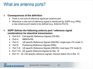 What are antenna ports?

l   Consequences of the definition
     l There is one sort of reference signal per antenna port
     l Whenever a new sort of reference signal is introduced by 3GPP (e.g. PRS),
       a new antenna port needs to be defined (e.g. Antenna Port 6)


l   3GPP defines the following antenna port / reference signal
    combinations for downlink transmission:
     l   Port 0-3: Cell-specific Reference Signals (CS-RS)
     l   Port 4:    MBSFN-RS
     l   Port 5:    UE-specific Reference Signals (DM-RS): single layer (TX mode 7)
     l   Port 6:    Positioning Reference Signals (PRS)
     l   Port 7-8: UE-specific Reference Signals (DM-RS): dual layer (TX mode 8)
     l   Port 7-14: UE specific Referene Signals for Rel. 10
     l   Port 15 – 22: CSI specific reference signals, channel status info in Rel. 10




                           November 2012 | LTE Introduction |   142
 