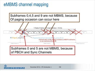 eMBMS channel mapping

   Subframes 0,4,5 and 9 are not MBMS, because
   Of paging occasion can occur here




   Subframes 0 and 5 are not MBMS, because
   of PBCH and Sync Channels



               November 2012 | LTE Introduction |   159
 