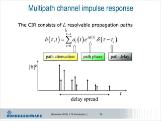 Multipath channel impulse response
The CIR consists of L resolvable propagation paths
                            L 1
           h  , t    ai  t  e                                i 
                                                    ji  t 

                            i 0


            path attenuation                 path phase                 path delay

    |h|²



                                                                               
                                 delay spread

               November 2012 | LTE Introduction |                16
 
