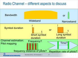 Radio Channel – different aspects to discuss

   Bandwidth                                                         or

                             Wideband                                Narrowband

  Symbol duration
                                                            or            t
                                       t
                              Short symbol                       Long symbol
                              duration                           duration
Channel estimation:         Frequency?
Pilot mapping                                                       Time?


          frequency distance of pilots? Repetition rate of pilots?
                      November 2012 | LTE Introduction |   17
 