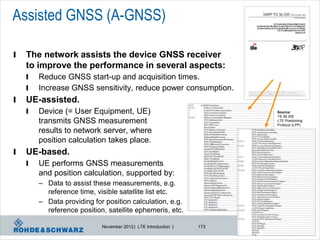 Assisted GNSS (A-GNSS)

l   The network assists the device GNSS receiver
    to improve the performance in several aspects:
    l   Reduce GNSS start-up and acquisition times.
    l   Increase GNSS sensitivity, reduce power consumption.
l   UE-assisted.
    l   Device (= User Equipment, UE)                                  Source:
                                                                       TS 36.355
        transmits GNSS measurement                                     LTE Positioning
                                                                       Protocol (LPP)
        results to network server, where
        position calculation takes place.
l   UE-based.
    l   UE performs GNSS measurements
        and position calculation, supported by:
        – Data to assist these measurements, e.g.
          reference time, visible satellite list etc.
        – Data providing for position calculation, e.g.
          reference position, satellite ephemeris, etc.

                            November 2012 | LTE Introduction |   173
 