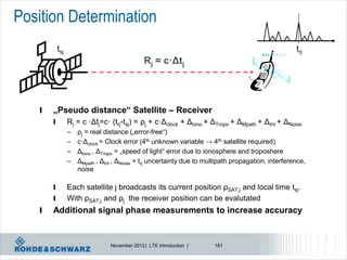 Position Determination
           tsj                                                                                       trj
                                               Rj = c·Δtj




   l   „Pseudo distance“ Satellite – Receiver
       l         Rj = c ·Δtj=c· (trj-tsj) = ρj + c·Δclock + ΔIono + ΔTropo + ΔMpath + ΔInt + ΔNoise
                 –   ρj = real distance („error-free“)
                 –   c·Δclock = Clock error (4th unknown variable → 4th satellite required)
                 –   ΔIono , ΔTropo = „speed of light“ error due to ionosphere and troposhere
                 –   ΔMpath , ΔInt , ΔNoise = trj uncertainty due to multipath propagation, interference,
                     noise

       l         Each satellite j broadcasts its current position ρSAT,j and local time tsj.
       l         With ρSAT,j and ρj the receiver position can be evalutated
   l   Additional signal phase measurements to increase accuracy


                                 November 2012 | LTE Introduction |    181
 