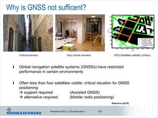 Why is GNSS not sufficent?




      Critical scenario                  Very critical scenario           GPS Satellites visibility (Urban)



  l   Global navigation satellite systems (GNSSs) have restricted
      performance in certain environments

  l   Often less than four satellites visible: critical situation for GNSS
      positioning
       support required             (Assisted GNSS)
       alternative required         (Mobile radio positioning)
                                                                        Reference [DLR]


                          November 2012 | LTE Introduction |      183
 