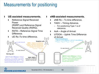 Measurements for positioning

l       UE-assisted measurements.                                                        l   eNB-assisted measurements.
        l        Reference Signal Received                                                   l   eNB Rx – Tx time difference.
                 Power                                                                       l   TADV – Timing Advance.
                 (RSRP) and Reference Signal                                                     – For positioning Type 1 is of
                 Received Quality (RSRQ).                                                          relevance.
        l        RSTD – Reference Signal Time                                                l   AoA – Angle of Arrival.
                 Difference.                                                                 l   UTDOA – Uplink Time Difference
        l        UE Rx–Tx time difference.                                                       of Arrival.
                                                                                                  TADV (Timing Advance)
                                                                                                  = eNB Rx-Tx time difference + UE Rx-Tx time difference
                                                                     Neighbor cell j              = (TeNB-RX – TeNB-TX) + (TUE-RX – TUE-TX)
                          UL radio frame #i
                                                 RSTD – Relative time difference
                                               between a subframe received from
                                                neighbor cell j and corresponding
                                                     subframe from serving cell i:
                                                           TSubframeRxj - TSubframeRxi                      DL radio frame #i            UL radio frame #i
                          DL radio frame #i


    Serving cell i
                                                                                                               eNB Rx-Tx time difference is defined
   UE Rx-Tx time difference is defined            RSRP, RSRQ are                                               as TeNB-RX – TeNB-TX, where TeNB-RX is the
   as TUE-RX – TUE-TX, where TUE-RX is the    measured on reference                                            received timing of uplink radio frame #i
received timing of downlink radio frame       signals of serving cell i                                        and TeNB-TX the transmit timing of
  #i from the serving cell i and TUE-TX the                                                                    downlink radio frame #i.
 transmit timing of uplink radio frame #i.


                                                                                                      Source: see TS 36.214 Physical Layer measurements for detailed definitions



                                                           November 2012 | LTE Introduction |                185
 