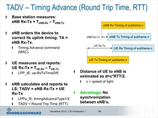 TADV – Timing Advance (Round Trip Time, RTT)
l   Base station measures:
    eNB Rx-Tx = TeNB-Rx – TeNB-Tx
                                                                            eNB Rx Timing of subframe n

l   eNB orders the device to
    correct its uplink timing: TA =                            eNB Rx-Tx        eNB Tx Timing of subframe n
    eNB Rx-Tx.
                                                                    UE Rx-Tx
    l   Timing Advance command                                                     UE Rx Timing of subframe n
        (MAC).

                                                                UE Tx Timing of subframe n
l   UE measures and reports:
    UE Rx-Tx = TUE-Rx – TUE-Tx
    l   LPP_IE: ue-RxTxTimeDiff.                l     Distance of UE to eNB is
                                                      estimated as d=c*RTT/2.
                                                      l        c = speed of light.
l   eNB calculates and reports to
    LS: TADV = eNB Rx-Tx + UE
    Rx-Tx                                       l     Advantage: No
    l   LPPa_IE: timingAdvanceType1/2                 synchronization
    l   TADV = Round Trip Time (RTT).                 between eNB‘s.

                          November 2012 | LTE Introduction |          190
 