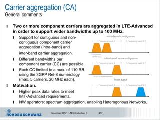 Carrier aggregation (CA)
General comments

l   Two or more component carriers are aggregated in LTE-Advanced
    in order to support wider bandwidths up to 100 MHz.
    l   Support for contiguous and non-                                         Intra-band contiguous
                                                                       Frequency band A                 Frequency band B
        contiguous component carrier
        aggregation (intra-band) and
        inter-band carrier aggregation.                        Component
                                                               Carrier (CC)
    l   Different bandwidths per                                              Intra-band non-contiguous
                                                                       Frequency band A                 Frequency band B
        component carrier (CC) are possible.
    l   Each CC limited to a max. of 110 RB
        using the 3GPP Rel-8 numerology                          2012 © by Rohde&Schwarz

        (max. 5 carriers, 20 MHz each).                                                    Inter-band

l   Motivation.                                                        Frequency band A                 Frequency band B


    l   Higher peak data rates to meet
        IMT-Advanced requirements.
    l   NW operators: spectrum aggregation, enabling Heterogonous Networks.

                          November 2012 | LTE Introduction |           217
 