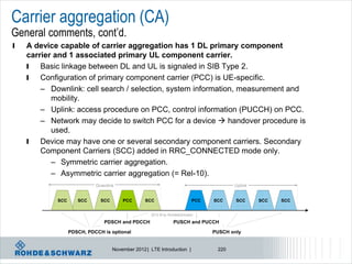 Carrier aggregation (CA)
General comments, cont’d.
l   A device capable of carrier aggregation has 1 DL primary component
    carrier and 1 associated primary UL component carrier.
    l   Basic linkage between DL and UL is signaled in SIB Type 2.
    l   Configuration of primary component carrier (PCC) is UE-specific.
        – Downlink: cell search / selection, system information, measurement and
           mobility.
        – Uplink: access procedure on PCC, control information (PUCCH) on PCC.
        – Network may decide to switch PCC for a device  handover procedure is
           used.
    l   Device may have one or several secondary component carriers. Secondary
        Component Carriers (SCC) added in RRC_CONNECTED mode only.
           – Symmetric carrier aggregation.
           – Asymmetric carrier aggregation (= Rel-10).
                            Downlink                                                   Uplink


            SCC      SCC      SCC       PCC       SCC                     PCC   SCC     SCC     SCC   SCC


                                                    2012 © by Rohde&Schwarz

                               PDSCH and PDCCH                  PUSCH and PUCCH

                  PDSCH, PDCCH is optional                                      PUSCH only


                                    November 2012 | LTE Introduction |           220
 