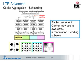LTE-Advanced
Carrier Aggregation – Scheduling
          Non-Contiguous spectrum allocation
              Contiguous
                       RLC transmission buffer
                                                    Dynamic
                                                    switching

          Channel       Channel     Channel        Channel
          coding        coding      coding         coding
                                                                            Each component
           HARQ          HARQ         HARQ          HARQ
                                                                            Carrier may use its
           Data           Data         Data          Data
           mod.           mod.         mod.          mod.                   own AMC,
          Mapping       Mapping      Mapping       Mapping                  = modulation + coding
         e.g. 20 MHz
                                                                            scheme

                                                      [frequency in MHz]




                             November 2012 | LTE Introduction |            230
 