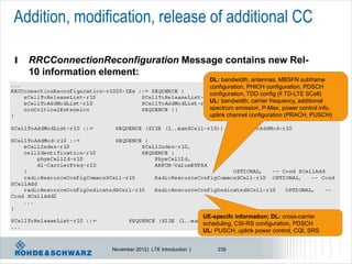 Addition, modification, release of additional CC

l   RRCConnectionReconfiguration Message contains new Rel-
    10 information element:
                                                           DL: bandwidth, antennas, MBSFN subframe
                                                           configuration, PHICH configuration, PDSCH
                                                           configuration, TDD config (if TD-LTE SCell)
                                                           UL: bandwidth, carrier frequency, additional
                                                           spectrum emission, P-Max, power control info,
                                                           uplink channel configuration (PRACH, PUSCH)




                                                         UE-specifc information; DL: cross-carrier
                                                         scheduling, CSI-RS configuration, PDSCH
                                                         UL: PUSCH, uplink power control, CQI, SRS


                    November 2012 | LTE Introduction |        239
 