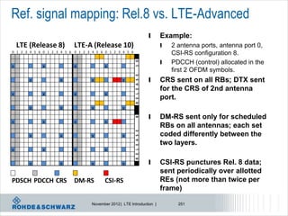 Ref. signal mapping: Rel.8 vs. LTE-Advanced
                                                                          l   Example:
    LTE (Release 8)         LTE-A (Release 10)                                l   2 antenna ports, antenna port 0,
0 1 2 3 4 5 6 0 1 2 3 4 5 6 0 1 2 3 4 5 6 0 1 2 3 4 5 6                           CSI-RS configuration 8.
                                                                              l   PDCCH (control) allocated in the




                                                          1 0
x            x              x             x
                                                                                  first 2 OFDM symbols.




                                                          R E L E A S E
        x            x              x               x                     l   CRS sent on all RBs; DTX sent
                                                                              for the CRS of 2nd antenna
x            x              x             x
                                                                              port.
        x            x              x               x
                                                                          l   DM-RS sent only for scheduled

                                                          8
x            x              x             x
                                                                              RBs on all antennas; each set
                                                          R E L E A S E
        x            x              x               x                         coded differently between the
                                                                              two layers.
x            x              x             x

        x            x              x               x                     l   CSI-RS punctures Rel. 8 data;
                                                                              sent periodically over allotted
PDSCH PDCCH CRS             DM-RS         CSI-RS                              REs (not more than twice per
                                                                              frame)

                                    November 2012 | LTE Introduction |              251
 