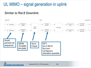 UL MIMO – signal generation in uplink
Similar to Rel.8 Downlink:

codewords                                           layers                                                               antenna ports


                      Modulation                              Transform                 Resource element   SC-FDMA
        Scrambling                                                                          mapper
                       mapper                                  precoder                                    signal gen.
                                          Layer
                                                                            Precoding
                                          mapper
                      Modulation                              Transform                 Resource element   SC-FDMA
        Scrambling                                                                          mapper
                       mapper                                  precoder                                    signal gen.




Avoid
periodic bit         QPSK             Up to                  DFT,
sequence             16-QAM           4 layer                as in Rel 8,
                     64-QAM                                  but non-
                                                             contiguous
                                                             allocation possible




                                   November 2012 | LTE Introduction |       256
 