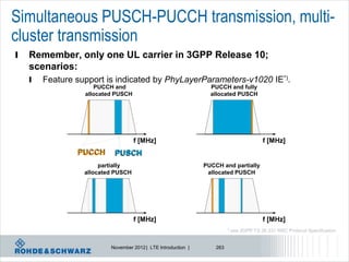 Simultaneous PUSCH-PUCCH transmission, multi-
cluster transmission
l   Remember, only one UL carrier in 3GPP Release 10;
    scenarios:
    l   Feature support is indicated by PhyLayerParameters-v1020 IE*).
                     PUCCH and                                   PUCCH and fully
                  allocated PUSCH                                allocated PUSCH




                                    f [MHz]                                                f [MHz]
                PUCCH      PUSCH
                       partially                               PUCCH and partially
                  allocated PUSCH                               allocated PUSCH




                                    f [MHz]                                                f [MHz]
                                                                         *) see   3GPP TS 36.331 RRC Protocol Specification


                          November 2012 | LTE Introduction |       263
 