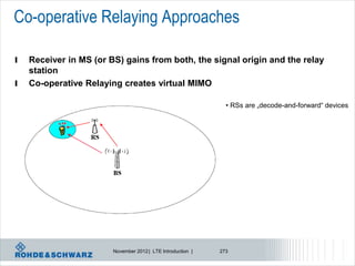 Co-operative Relaying Approaches

l   Receiver in MS (or BS) gains from both, the signal origin and the relay
    station
l   Co-operative Relaying creates virtual MIMO

                                                               • RSs are „decode-and-forward“ devices




                        November 2012 | LTE Introduction |   273
 