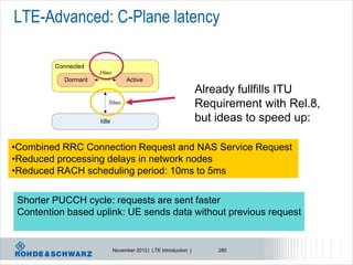 LTE-Advanced: C-Plane latency

         Connected
                     10ms
           Dormant               Active
                                                                 Already fullfills ITU
                        50ms                                     Requirement with Rel.8,
                     Idle                                        but ideas to speed up:

•Combined RRC Connection Request and NAS Service Request
•Reduced processing delays in network nodes
•Reduced RACH scheduling period: 10ms to 5ms

 Shorter PUCCH cycle: requests are sent faster
 Contention based uplink: UE sends data without previous request


                            November 2012 | LTE Introduction |       280
 