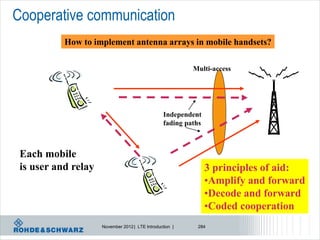 Cooperative communication
           How to implement antenna arrays in mobile handsets?

                                                           Multi-access




                                                  Independent
                                                  fading paths



 Each mobile
 is user and relay                                               3 principles of aid:
                                                                 •Amplify and forward
                                                                 •Decode and forward
                                                                 •Coded cooperation
                     November 2012 | LTE Introduction |     284
 