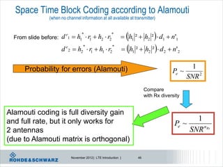 Space Time Block Coding according to Alamouti
                (when no channel information at all available at transmitter)


                       d e1  h1  r1  h2  r2                h1 ²  h2 ²  d1  n'1
                                   *                   *
  From slide before:

                       d e 2  h2  r1  h1  r2                   h1 ²  h2 ²  d 2  n'2
                                    *                   *




      Probability for errors (Alamouti)                                                           1
                                                                                           Pe ~
                                                                                                SNR 2
                                                                              Compare
                                                                              with Rx diversity


Alamouti coding is full diversity gain
and full rate, but it only works for                                                               1
                                                                                            Pe ~
2 antennas                                                                                       SNR nRx
(due to Alamouti matrix is orthogonal)

                            November 2012 | LTE Introduction |           46
 