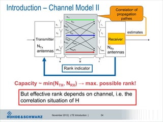 Introduction – Channel Model II                                        Correlation of
                                                                        propagation
                                   h11
                                                                          pathes
                                          h21
                        s1                                  r1
                                 hMR1
                                  h12
                        s2               h22                r2                estimates
          Transmitter             hMR2                             Receiver
                                 h1MT      h2MT
          NTx                                                      NRx
                        sNTx             hMRMT              rNRx
          antennas                                                 antennas

                             s                    H     r


                                 Rank indicator


  Capacity ~ min(NTX, NRX) → max. possible rank!
    But effective rank depends on channel, i.e. the
    correlation situation of H

                   November 2012 | LTE Introduction |       54
 