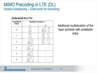 MIMO Precoding in LTE (DL)
Spatial multiplexing – Code book for precoding

      Code book for 2 Tx:
       Codebook       Number of layers 
         index
                       1                        2               Additional multiplication of the
                      1                  1 1 0
          0           0 
                       
                                                  
                                            2 0 1 
                                                                layer symbols with codebook
                      0                  1 1 1                          entry
          1           1                        
                                         2 1 1
                     1 1                 1 1 1 
          2                                      
                      2 1                2  j  j
                    1 1
          3                                   -
                     2 1
                     1 1 
          4                                   -
                      2  j
                    1 1
          5                                   -
                     2  j 



                           November 2012 | LTE Introduction |     61
 