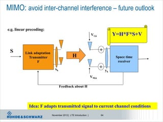 MIMO: avoid inter-channel interference – future outlook

e.g. linear precoding:
                                                                 V1,k             Y=H*F*S+V


 S        Link adaptation
                                                                        +
            Transmitter                        H                                   Space time
                 F                                                                  receiver

                              xk                                        +
                                                                             yk
                                                                 VM,k

                                   Feedback about H




            Idea: F adapts transmitted signal to current channel conditions
                            November 2012 | LTE Introduction |          64
 