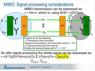 MIMO: Signal processing considerations
                MIMO transmission can be expressed as
                r = Hs+n which is, using SVD = UΣVHs+n
                                               n1
s1                         σ1                                                   r1
       V       U                        Σ                       VH   n2    UH
s2                                       σ2                                     r2
                Imagine we do the following:
                1.) Precoding at the transmitter:
                Instead of transmitting s, the transmitter sends s = V*s
                2.) Signal processing at the receiver
                Multiply the received signal with UH, r = r*UH

So after signal processing the whole signal can be expressed as:
r =UH*(UΣVHVs+n)=UHU Σ VHVs+UHn = Σs+UHn
                     =InTnT =InTnT
                      November 2012 | LTE Introduction |   71
 