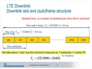 LTE Downlink:
    Downlink slot and (sub)frame structure
                     Symbol time, or number of symbols per time slot is not fixed

                        One radio frame, Tf = 307200Ts=10 ms

   One slot, Tslot = 15360Ts = 0.5 ms


    #0          #1           #2                 #3                            #18     #19

    One subframe

We talk about 1 slot, but the minimum resource is 1 subframe = 2 slots !!!!!

                            Ts  1 15000  2048
                                                                     Ts = 32.522 ns




                           November 2012 | LTE Introduction |   87
 