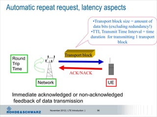 Automatic repeat request, latency aspects
                                                      •Transport block size = amount of
                                                      data bits (excluding redundancy!)
                                                     •TTI, Transmit Time Interval = time
                                                     duration for transmitting 1 transport
                                                                     block


                              Transport block
  Round
  Trip
  Time
                                  ACK/NACK

           Network                                            UE

  Immediate acknowledged or non-acknowledged
   feedback of data transmission
                November 2012 | LTE Introduction |      96
 