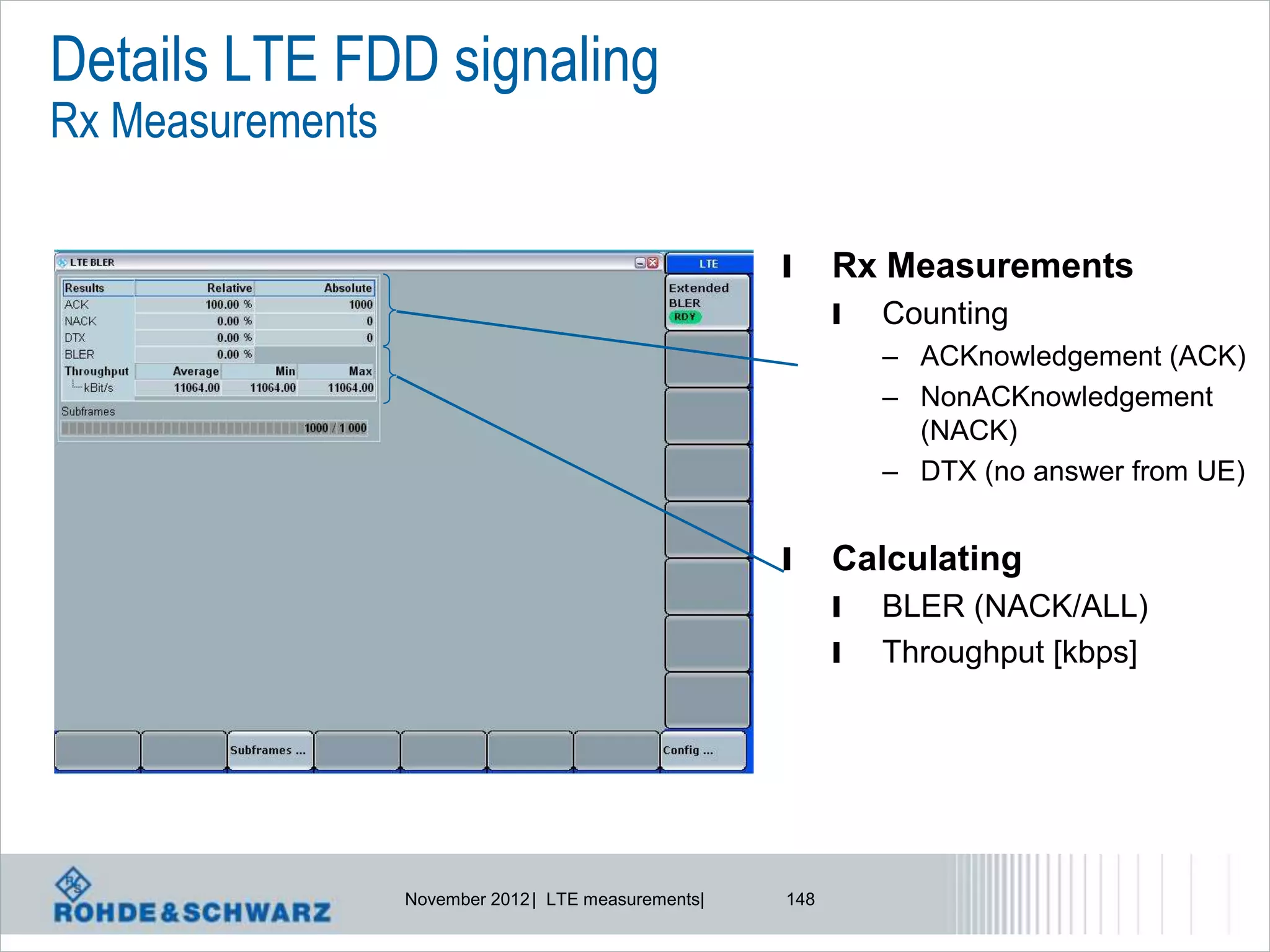Details LTE FDD signaling
Rx Measurements

                                                      l     Rx Measurements
                                                            l   Counting
                                                                – ACKnowledgement (ACK)
                                                                – NonACKnowledgement
                                                                  (NACK)
                                                                – DTX (no answer from UE)


                                                      l     Calculating
                                                            l   BLER (NACK/ALL)
                                                            l   Throughput [kbps]




                  November 2012 | LTE measurements|   148
 
