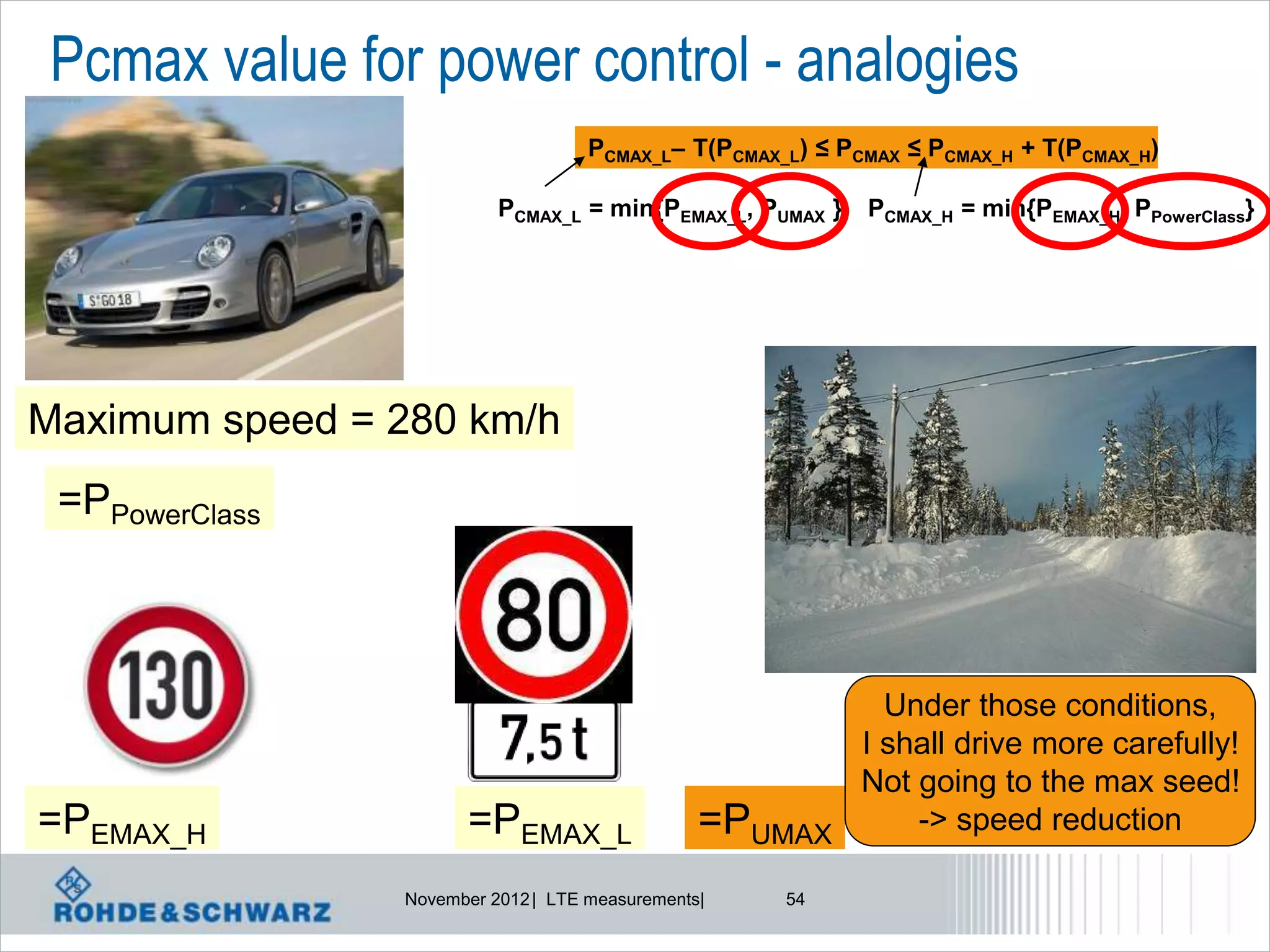 Pcmax value for power control - analogies
                                    PCMAX_L– T(PCMAX_L) ≤ PCMAX ≤ PCMAX_H + T(PCMAX_H)

                          PCMAX_L = min{PEMAX_L, PUMAX }    PCMAX_H = min{PEMAX_H, PPowerClass}




Maximum speed = 280 km/h
 =PPowerClass



                                                         Under those conditions,
                                                       I shall drive more carefully!
                                                       Not going to the max seed!
=PEMAX_H              =PEMAX_L                  =PUMAX     -> speed reduction

                November 2012 | LTE measurements|    54
 
