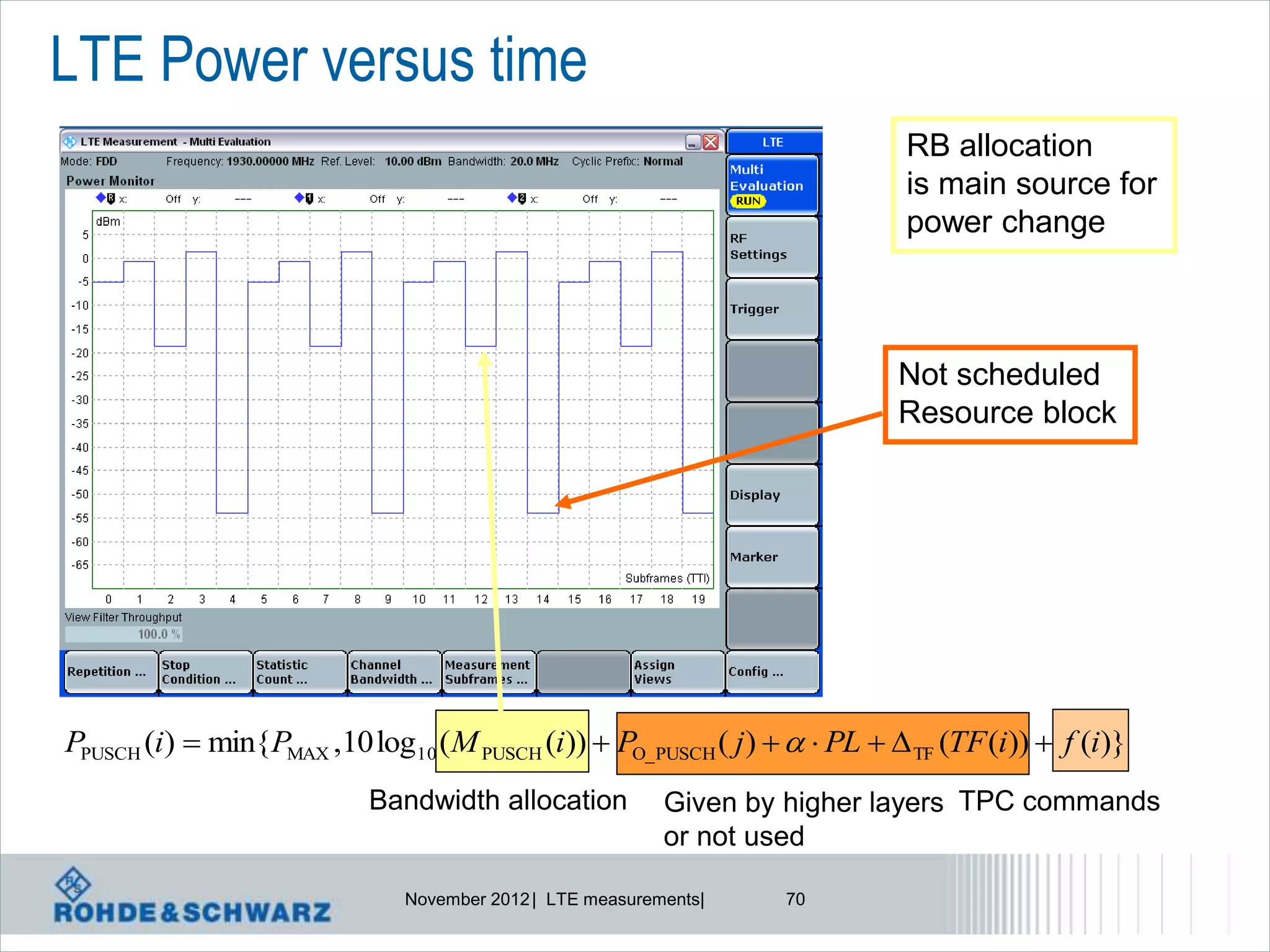 LTE Power versus time
                                                                            RB allocation
                                                                            is main source for
                                                                            power change



                                                                           Not scheduled
                                                                           Resource block




PPUSCH (i)  min{PMAX ,10 log10 (M PUSCH (i))  PO_PUSCH ( j )    PL   TF (TF (i))  f (i)}
                           Bandwidth allocation           Given by higher layers TPC commands
                                                          or not used

                              November 2012 | LTE measurements|   70
 