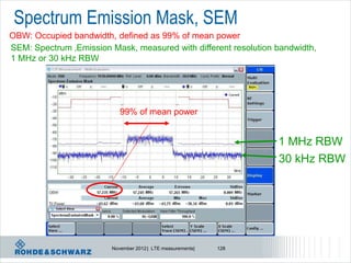 Spectrum Emission Mask, SEM
OBW: Occupied bandwidth, defined as 99% of mean power
SEM: Spectrum ‚Emission Mask, measured with different resolution bandwidth,
1 MHz or 30 kHz RBW




                            99% of mean power


                                                                   1 MHz RBW
                                                                   30 kHz RBW




                         November 2012 | LTE measurements|   128
 