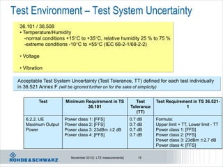 Test Environment – Test System Uncertainty
  36.101 / 36.508
  • Temperature/Humidity
     -normal conditions +15C to +35C, relative humidity 25 % to 75 %
     -extreme conditions -10C to +55C (IEC 68-2-1/68-2-2)

  • Voltage

  • Vibration

 Acceptable Test System Uncertainty (Test Tolerance, TT) defined for each test individually
 in 36.521 Annex F (will be ignored further on for the sake of simplicity)

           Test        Minimum Requirement in TS                Test     Test Requirement in TS 36.521-
                                36.101                       Tolerance                1
                                                                (TT)
    6.2.2. UE         Power class 1: [FFS]                   0.7 dB      Formula:
    Maximum Output    Power class 2: [FFS]                   0.7 dB      Upper limit + TT, Lower limit - TT
    Power             Power class 3: 23dBm ±2 dB             0.7 dB      Power class 1: [FFS]
                      Power class 4: [FFS]                   0.7 dB      Power class 2: [FFS]
                                                                         Power class 3: 23dBm ±2.7 dB
                                                                         Power class 4: [FFS]

                         November 2012 | LTE measurements|       15
 