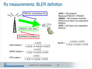 Rx measurements: BLER definition
                    PDCCH, scheduling info                    •ACK = UE properly
                                                              Receives PDCCH + PDSCH
                                                              •NACK = UE properly receives
                                                              PDCCH but does not understand
                                                              PDSCH
                                                              •DTX = UE does not understand
              PDSCH, user data                                PDCCH



            ACK/NACK feedback

                                                                           # NACK  # DTX
                              # ACK                           BLER =
   ACK relative =                                                      # ACK  # NACK  # DTX
                     # ACK  # NACK  # DTX
                             # NACK
   NACK relative =
                      # ACK  # NACK  # DTX
                              # DTX
   DTX relativ =
                     # ACK  # NACK  # DTX

                         November 2012 | LTE measurements|   150
 