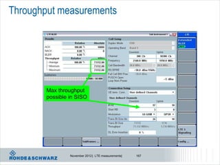 Throughput measurements




        Max throughput
        possible in SISO




                 November 2012 | LTE measurements|   167
 
