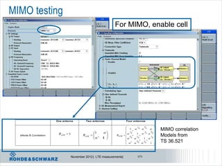 MIMO testing
                                                            For MIMO, enable cell




                        One antenna       Two antennas                Four antennas

                                                                             1    4     
                                                                       1  9  9          MIMO correlation
                                                1                   19 *       1   4 
                         ReNB  1                                       1  9  9
                                                                      4 * 1 *
  eNode B Correlation                   ReNB        1 
                                                             ReNB
                                                                                      1    Models from
                                                                    
                                                                          9  9   1  9
                                                                       *
                                                                        
                                                                             4  * 1
                                                                               9  9
                                                                                     *
                                                                                         
                                                                                       1    TS 36.521


                                 November 2012 | LTE measurements|            171
 